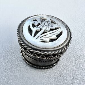 Art Nouveau Style Carved MOP Pill Box Tiny Small Vintage She’ll Floral Silver